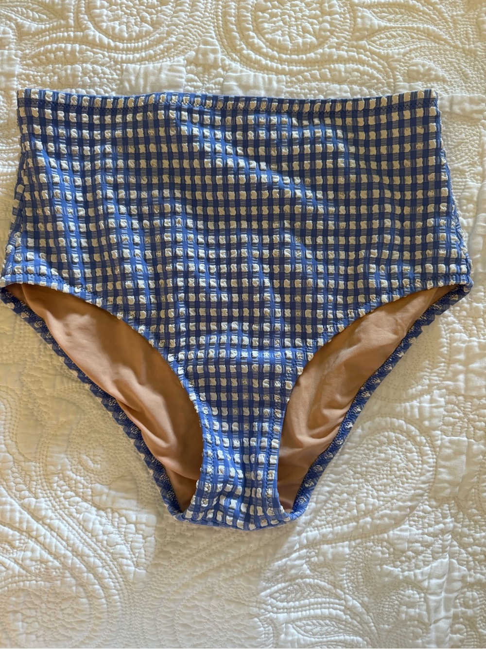 J. Crew Blue and White Gingham Seersucker High-Waist Bikini Bottoms